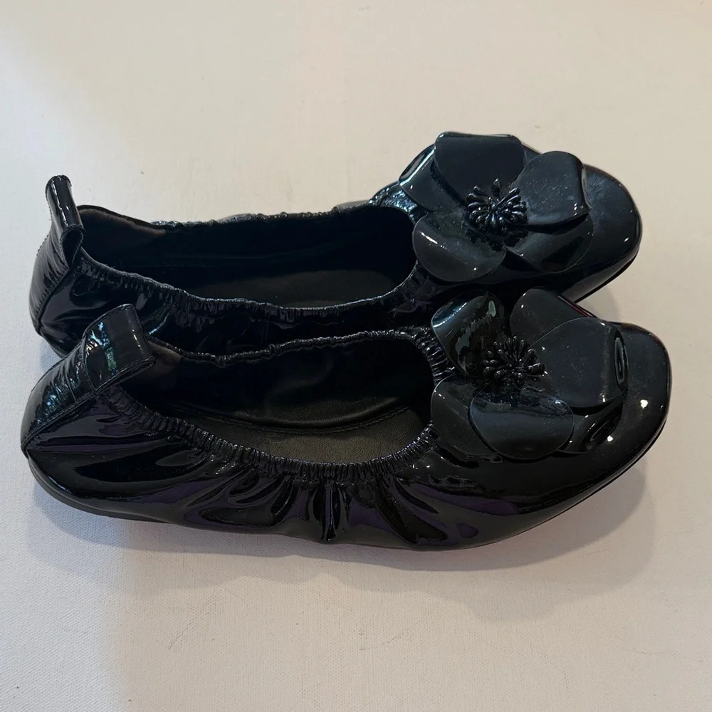 Tory Burch Glossy Black Flower Flats